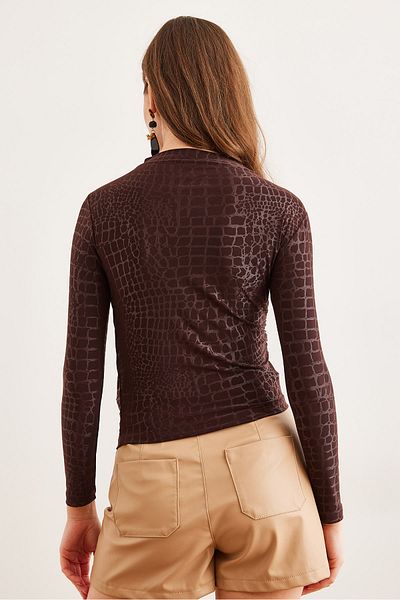 Olalook Women's Crocodile Brown Drape Detailed Boat Neck Blouse Blz- 19002807