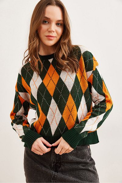 Olalook Women's Emerald Green Diamond Pattern Crop Knitwear Sweater Kzk- 19000910