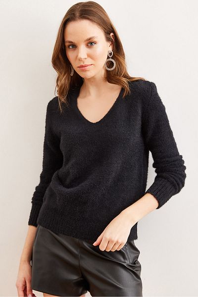 Olalook Pulover de damă, negru, cu decolteu în V, cu textura moale, cu barbă, KZK- 19000860