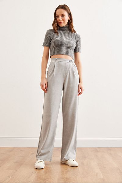 Olalook Women's Light Gray Waist Detailed Wide Leg Trousers with Pockets Pnt- 19000308