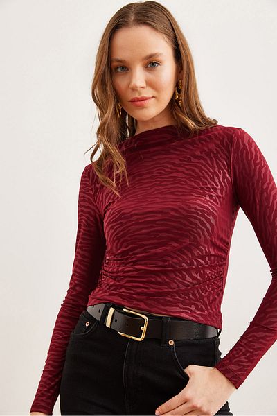 Olalook Bluză de damă Zebra Burgundy cu gât barcă și nisip BLZ- 19002803