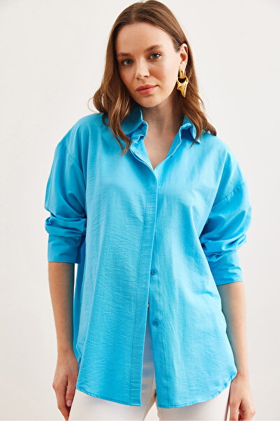 Olalook Cămașă din popelin cu plăcuță ascunsă albastru deschis pentru femei GML- 19000867