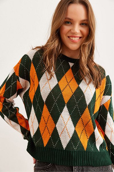 Olalook Women's Emerald Green Diamond Pattern Crop Knitwear Sweater Kzk- 19000910