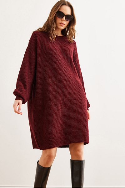 Olalook Rochie tunică pentru femei, burgundă, cu decolteu, cu mâneci cu balon, cu textura moale, ELB- 19001802