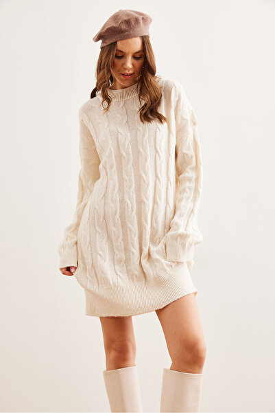 Olalook Kadın Beyaz Saç Örgülü Triko Tunik Elbise ELB-19002312