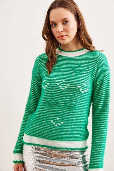 Olalook Grass Green Bearded Soft Knitwear Women's Sweater - Color Detailed Kzk- 19000906