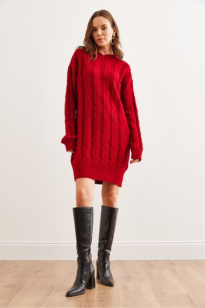 Olalook Women's Red Hair Braided Knitwear Tunic Dress Elb- 19002312