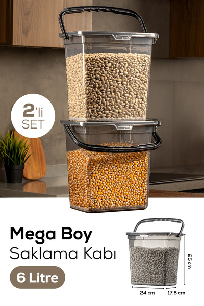 Vienev Mega Boy 2'li Kare Un Bakliyat Kabı 6 Litre - Kulplu Deterjanlık Saklama Kutusu Kabı Antrasit