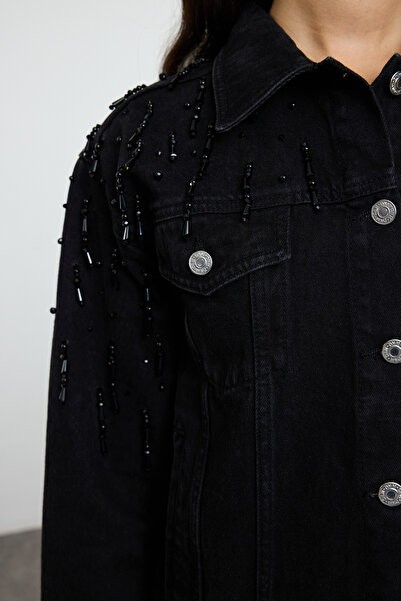 Trendyol Collection Denim Jacket with Black Rhinestone Accessory Detail Twoss25Ce00002