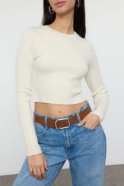 Edit by Trendyol Pulover de bază tricot subțire cu gât crew ecru TEDAW25KZ00070