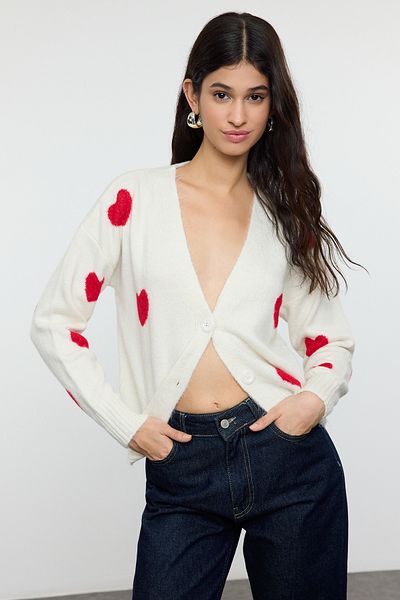 Trendyol Collection Ecru Heart Pattern V-Neck Sweater Cardigan Twoaw25Hi00373