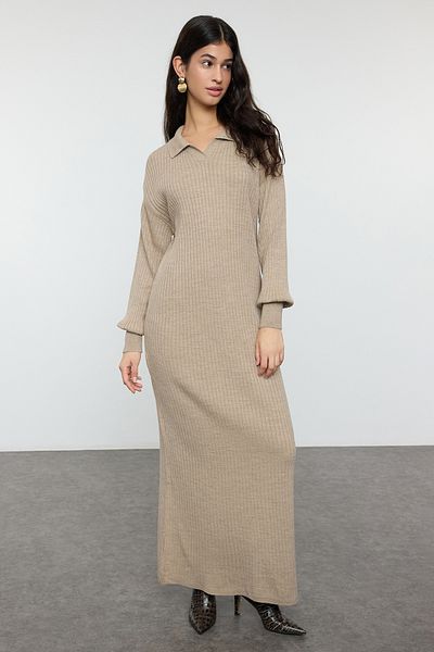 Trendyol Modest Μπεζ πλεκτό φόρεμα Polo Neck - Rib/Camisole TCTAW25EB00143
