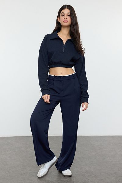 Trendyol Collection Tmavé námořnické široké tkané kalhoty - Detail opasku Twoaw24Pl00341