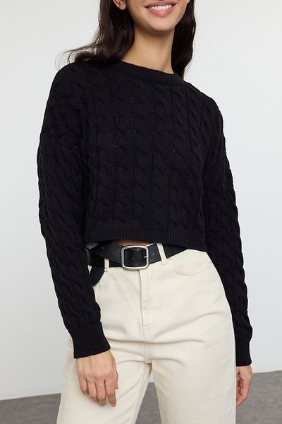 Edit by Trendyol Pulover negru tricotat cu păr împletit cu gât crew - TEDAW25KZ00069