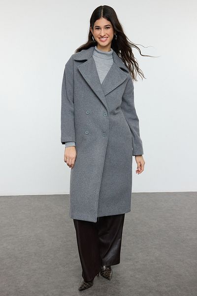 Trendyol Collection Langer, grauer, übergroßer Kaschmirmantel aus Wolle – TWOAW21KB0038