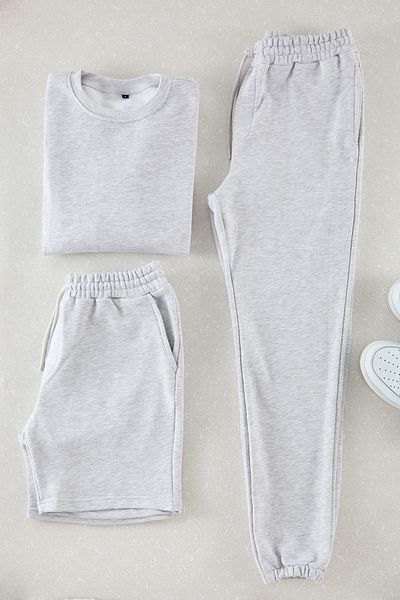 Trendyol Collection Oversize Grey Melange Φούτερ - Κανονικό φούτερ και ανδρικό σορτς 3 τεμαχίων