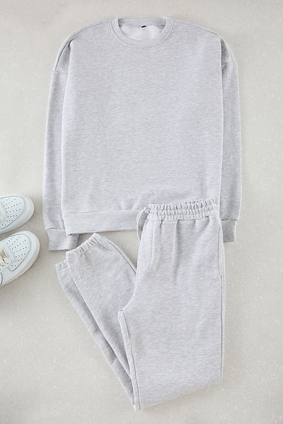Trendyol Collection Oversize Grey Melange Φούτερ - Κανονικό φούτερ και ανδρικό σορτς 3 τεμαχίων
