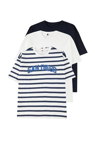 Trendyol Collection Μπλουζάκια Navy Oversize/Wide Cut 3 συσκευασιών με στάμπα, ριγέ, ίσια 100% βαμβακερά T-shirt TMNSS25TS00073