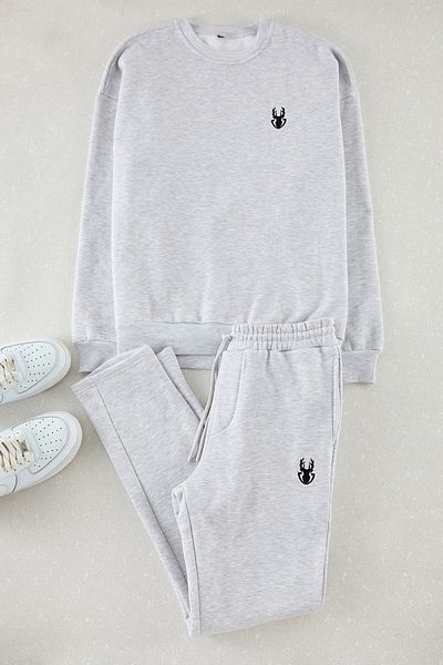 Edit by Trendyol Σετ αθλητικής φόρμας Grey Melange Oversize/Wide Cut Deer Embroidered