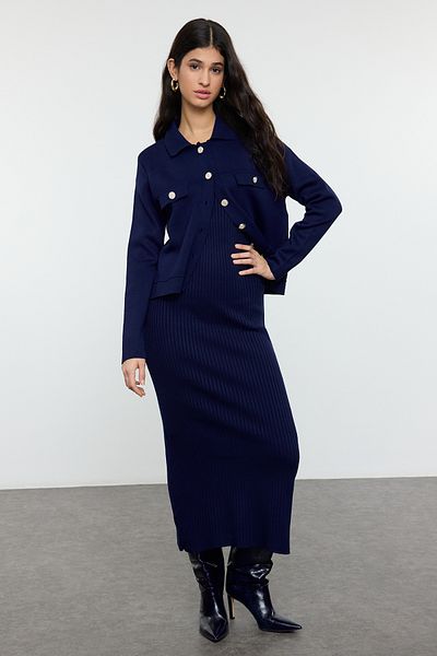 Trendyol Modest Navy Blue Cardigan-Dress Knitwear Bottom-Top Suit Tctaw25Us00123