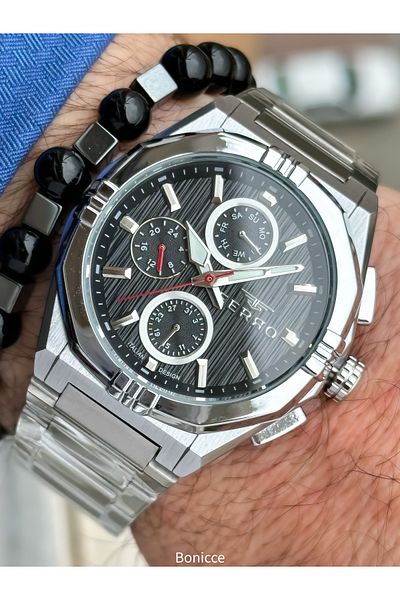 FERRO Brand Functions Active Steel Band,Silver Color,Navy Blue Dial Men's Wrist Watch+Bracelet