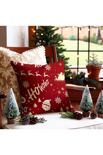 menesahome New Year's Themed Digital Printed Throw Pillow Cover with Neol Father Deer Pattern on Red Background