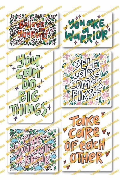 One Little Happiness Set de autocolante tematice motivaționale - Set de autocolante de 6 bucăți - Autocolant compatibil pentru telefon, tabletă, notebook și laptop