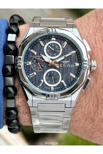 FERRO Brand Functions Active Steel Band,Silver Color,Navy Blue Dial Men's Wrist Watch+Bracelet