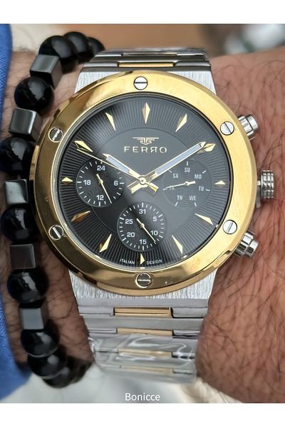 FERRO Brand Functions Active Steel Band,Silver Color,Yellow Dial Men's Wrist Watch+Bracelet