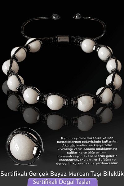Tesbih Atölyesi Certified Unpainted Real White Coral Stone Bracelet - Adjustable