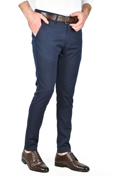 DeepSEA Men's Navy Blue Self Patterned Slim Fit Lycra Linen Trousers 2502310
