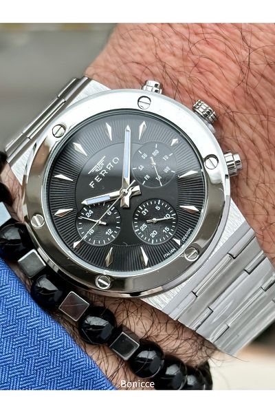 FERRO Brand Functions Active Steel Band,Silver Color,Black Dial Men's Wrist Watch+Bracelet