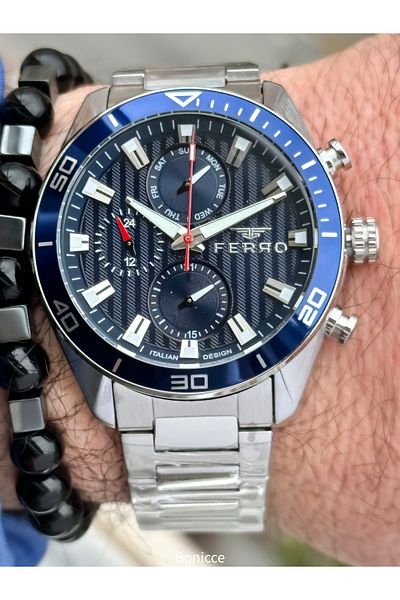 FERRO Brand Functions Active Steel Band,Silver Color,Navy Blue Dial Men's Wrist Watch+Bracelet