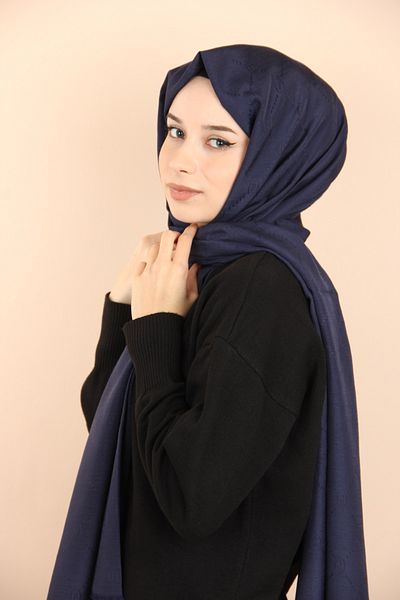 PİRAMİT Dark Blue - Pyramid Patterned Monogram Shawl