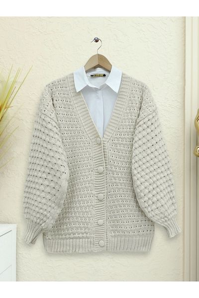 Modamorfo Stone Color Embossed Knitted Araboy Knitwear Cardigan