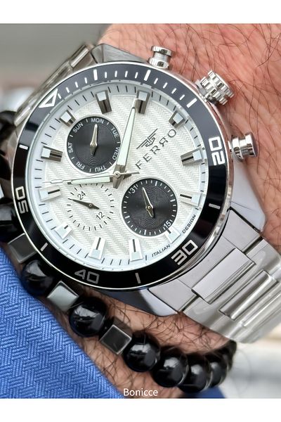 FERRO Brand Functions Active Steel Band,Silver Color,White Dial Men's Wrist Watch+Bracelet
