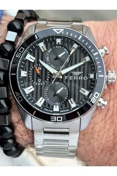 FERRO Brand Functions Active Steel Band,Silver Color,White Dial Men's Wrist Watch+Bracelet