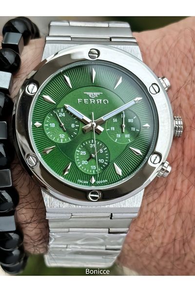 FERRO Brand Functions Active Steel Band,Silver Color,Navy Blue Dial Men's Wrist Watch+Bracelet