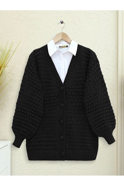 Modamorfo Embossed Knitted Araboy Buttoned Knitwear Cardigan - Black