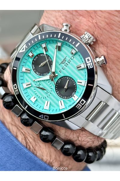FERRO Brand Functions Active Steel Band,Silver Color,Turquoise Dial Men's Wrist Watch+Bracelet