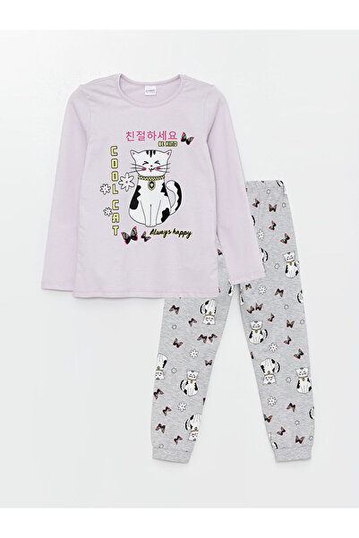 LC Waikiki Lila Crew Neck Printed Long Sleeve Girls Pajama Set