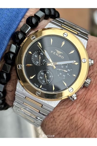 FERRO Brand Functions Active Steel Band,Silver Color,Yellow Dial Men's Wrist Watch+Bracelet