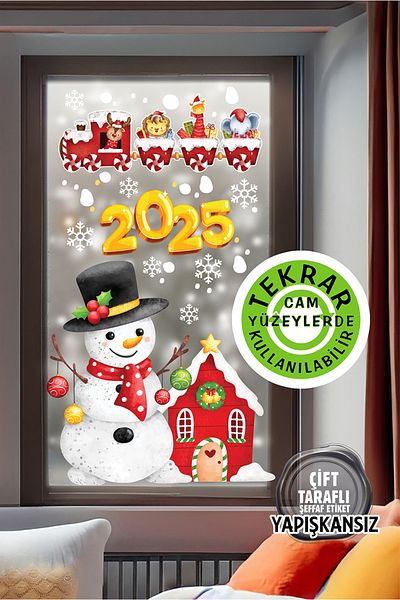 AlyMarkt 2025 New Year's Glass Sticker - Snowman Train - 100% Double Sided Adhesive Free Reusable