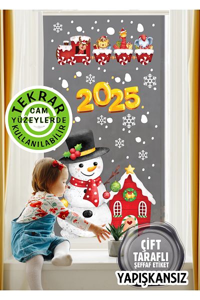 AlyMarkt 2025 New Year's Glass Sticker - Snowman Train - 100% Double Sided Adhesive Free Reusable