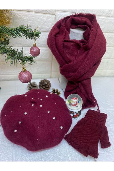 sema aksesuar Christmas Gift Burgundy Zircon Stone Beaded French Painter Beret, Tasseled Scarf, Fingerless Gloves