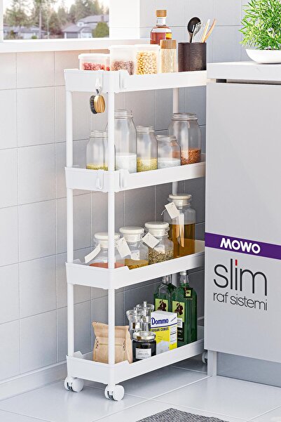 Mowo Home Slim 4 Katlı Tekerlekli Raf Ünitesi Beyaz, Banyo Rafı, Mutfak Rafı, Banyo Düzenleyici