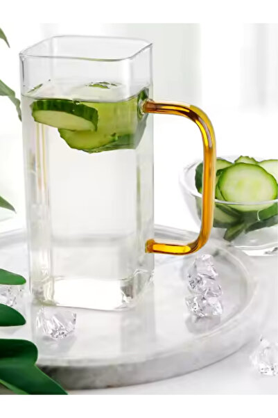 Atlas Mutfak كوب قهوة لاتيه مربع الشكل من الزجاج البوروسيليكات بلون برتقالي ج...