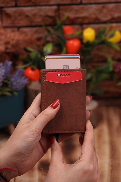 Ozka Leather Collection Кафяв изкуствена кожа - Веган картодържател Портфейл с механизъм