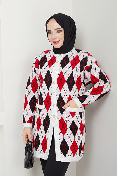 Pamuk Butik Women's Checkered Pocket Button Closure Knitwear Cardigan