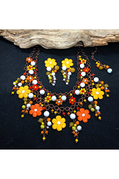 MODA El yapımı bakır tel-fimo çiçekli kolye küpe